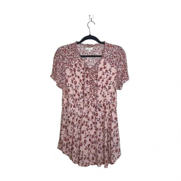 Maurices Tunic Babydoll Top Pink Ditsy Floral Print Lace-up Front Medium Women’s - Picture 2 of 12
